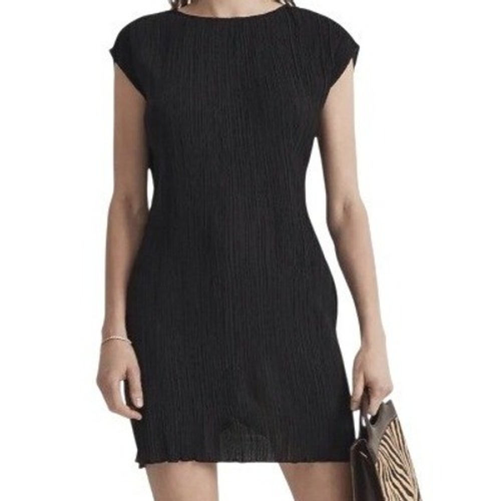 MADEWELL Women's 4 Black Plisse Micro-Pleated Cap Sleeve Shift Tee Mini Dress